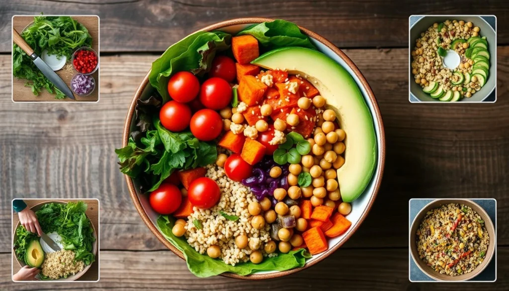 Colorful Buddha bowl with fresh vegetables, grains, and protein-rich toppings in a bowl.