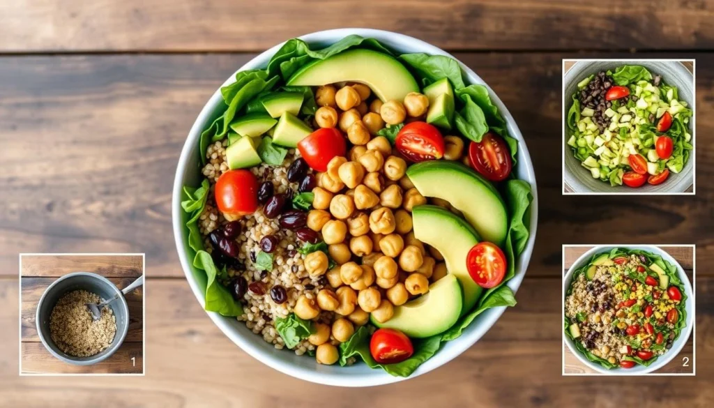 Delicious Buddha bowl with fresh vegetables, avocado, grains, and protein.