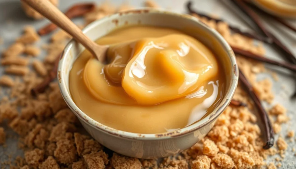 A rich and creamy butterscotch pie with a golden crust, served on a rustic table