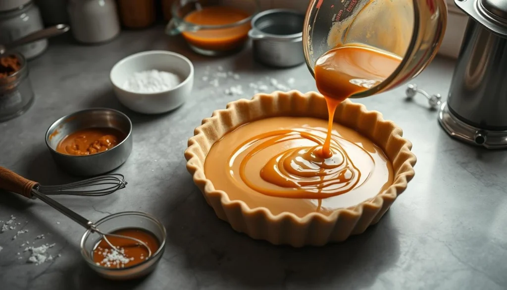 A creamy homemade butterscotch pie garnished with whipped cream and caramel drizzle.