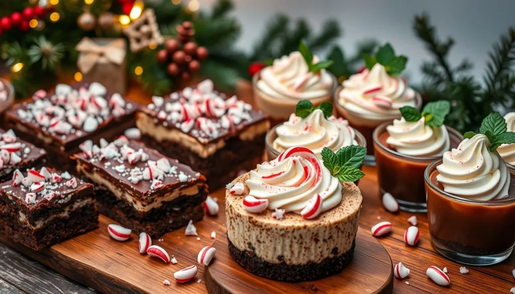 Assorted chocolate peppermint desserts, including cookies, brownies, and truffles, garnished with crushed candy canes.