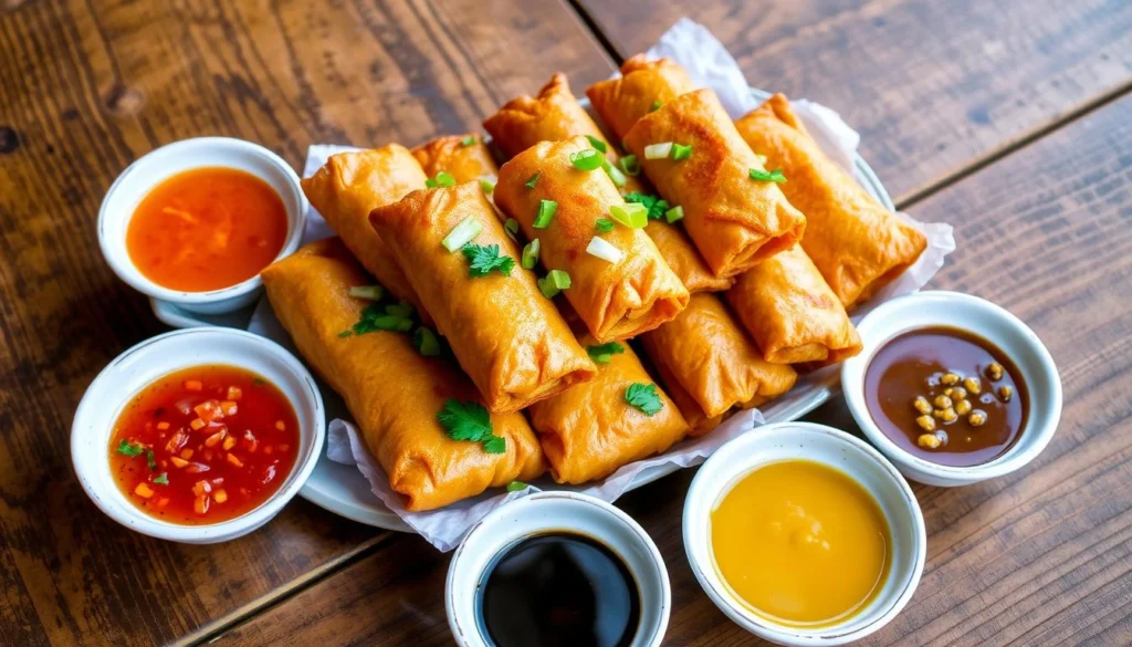 Air fryer egg rolls served crispy and golden with a side of sauce.