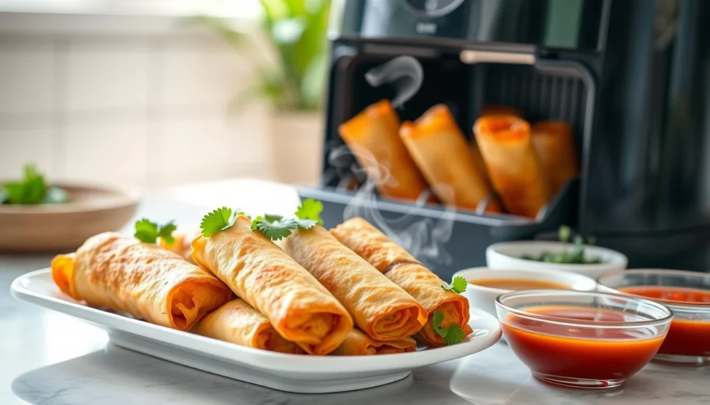 Golden brown egg rolls cooked in an air fryer, served with dipping sauce.