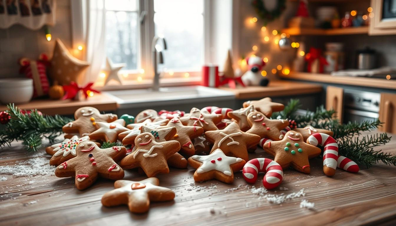 Festive gingerbread cookies decorated with colorful icing and sprinkles, perfect for the holiday season.