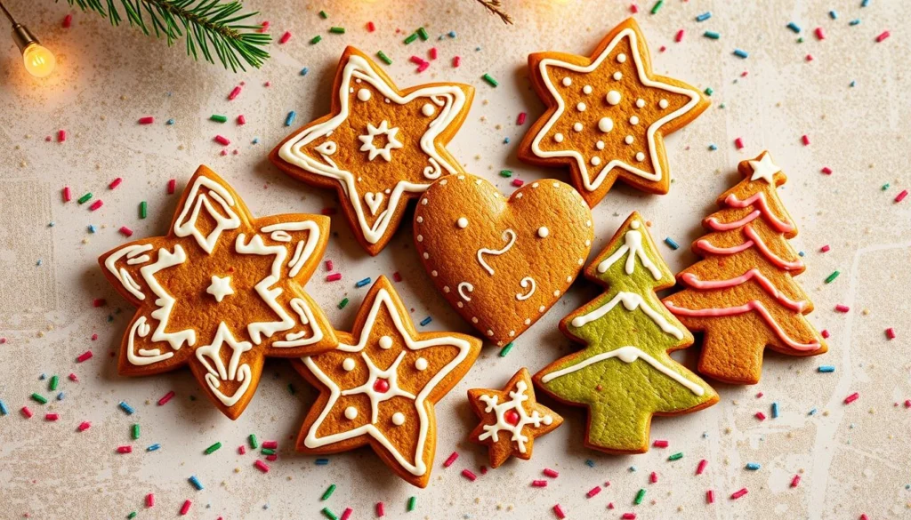 Homemade gingerbread cookies shaped like stars, hearts, and gingerbread men, decorated with white icing.