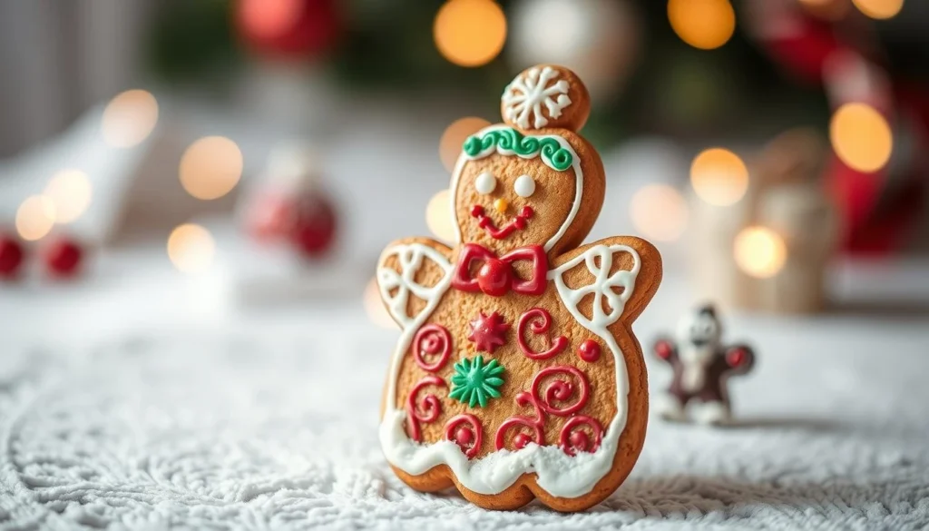 Freshly baked gingerbread cookies with intricate icing designs, arranged on a festive holiday table.