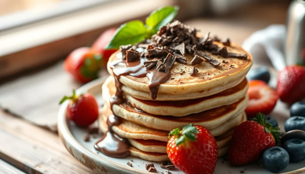 Mini pancakes stacked with drizzled Nutella and fresh strawberries, topped with powdered sugar.