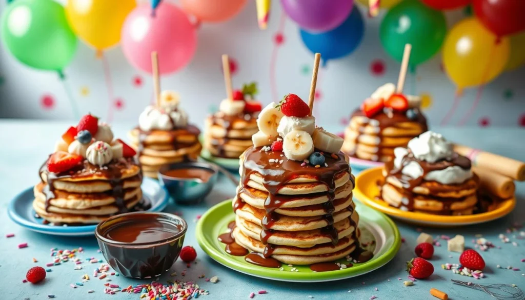 Fluffy mini pancakes drizzled with Nutella and garnished with sliced strawberries and powdered sugar.