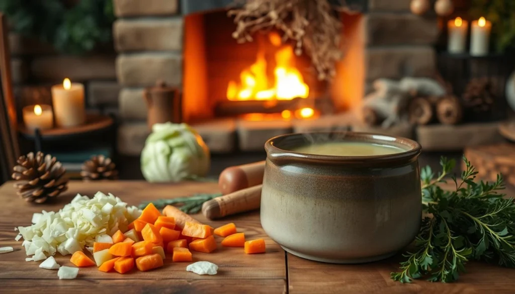 A bowl of homemade cabbage soup with carrots, celery, and herbs