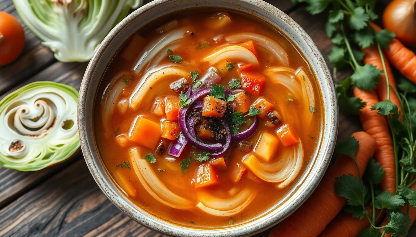 Healthy and warm cabbage soup served in a bowl with fresh vegetables