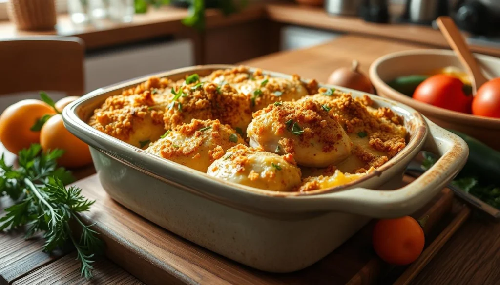 Delicious chicken casserole topped with golden cheese and herbs, served in a baking dish.