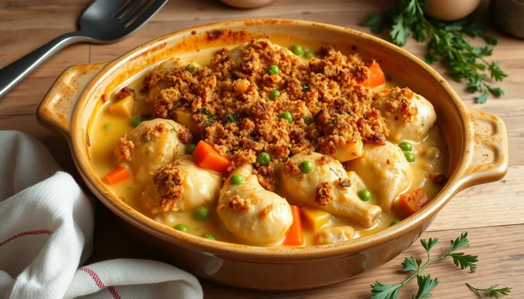 Freshly baked chicken casserole with a crispy golden crust and tender filling, served hot.