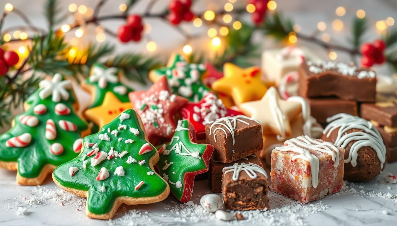 Festive Christmas cookies and fudge, including decorated green tree-shaped cookies, star-shaped treats, and assorted chocolate fudge, with holiday lights in the background.