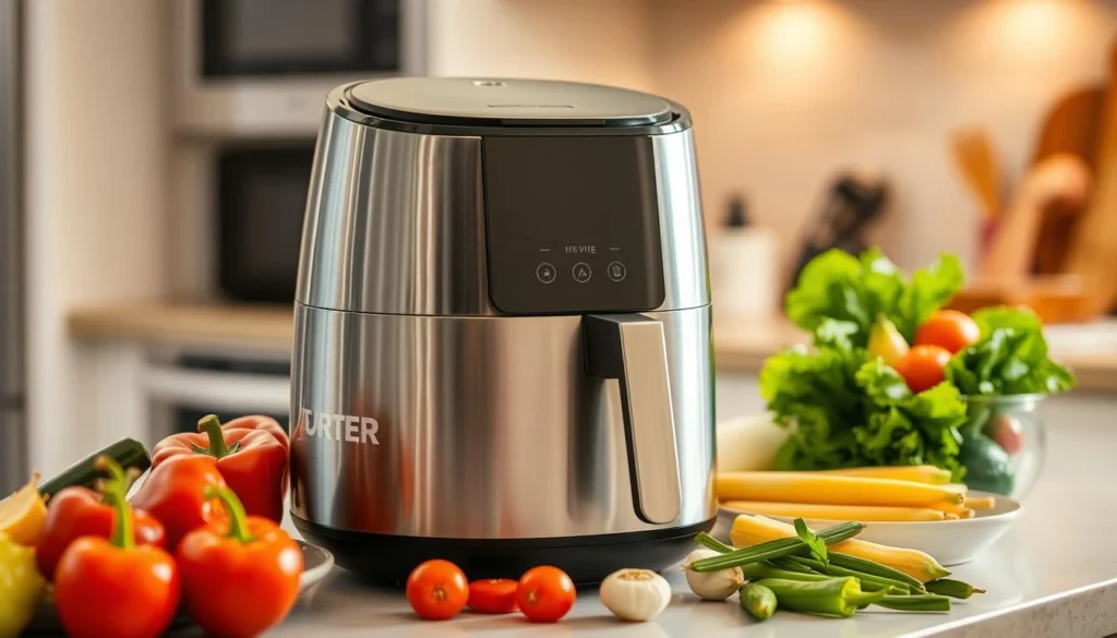 Modern air fryer appliance on a kitchen countertop with fresh ingredients.