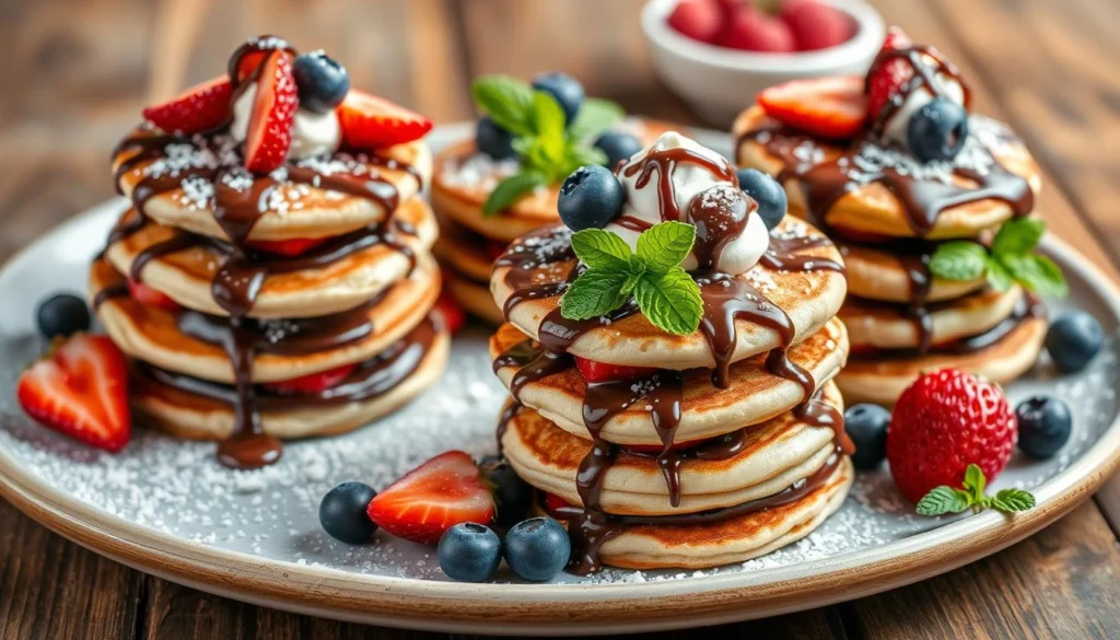 Golden mini pancakes topped with rich Nutella, fresh berries, and a dusting of powdered sugar on a white plate.