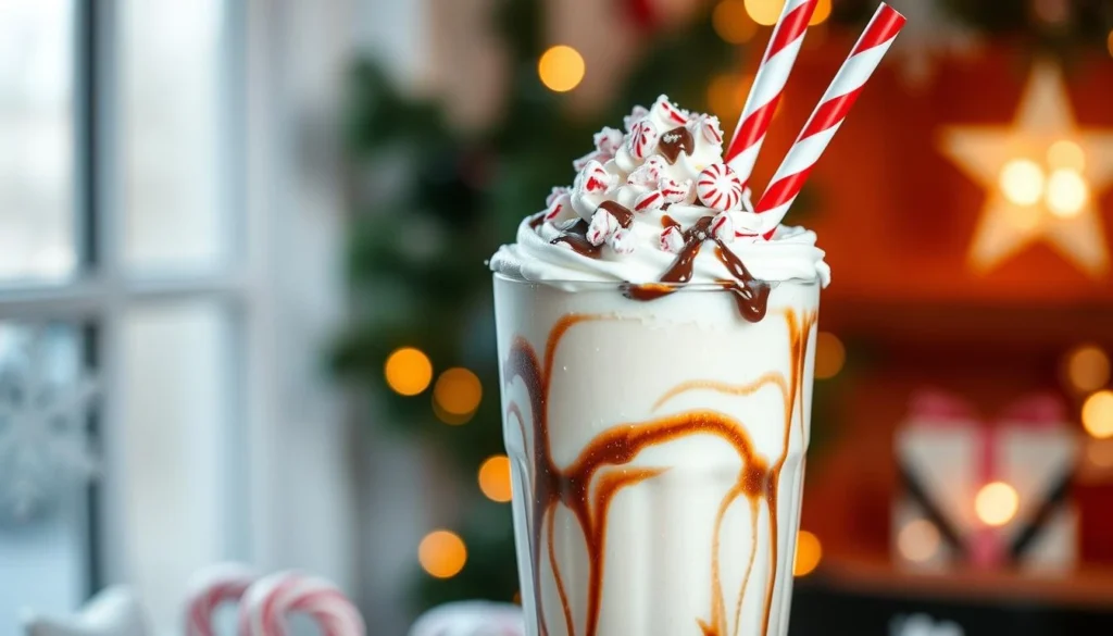 Chocolate peppermint desserts topped with crushed candy canes and served on a festive holiday plate.