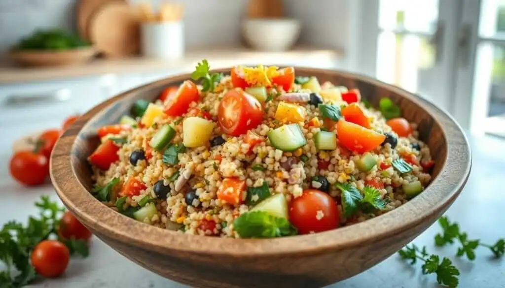 A colorful quinoa salad with fresh vegetables, herbs, and a zesty dressing served in a bowl