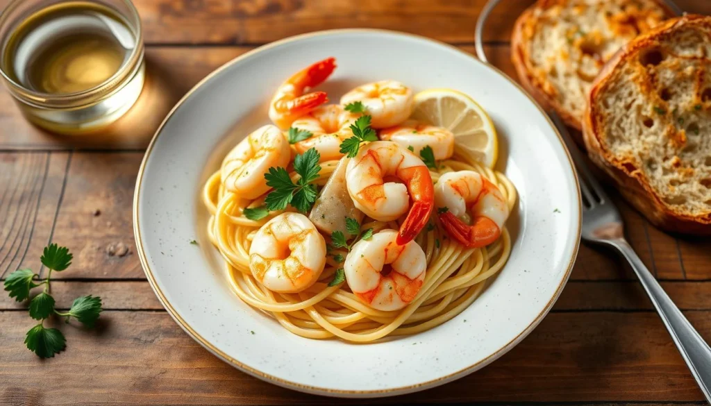 Shrimp scampi served over pasta with a garlic-butter sauce and fresh parsley.