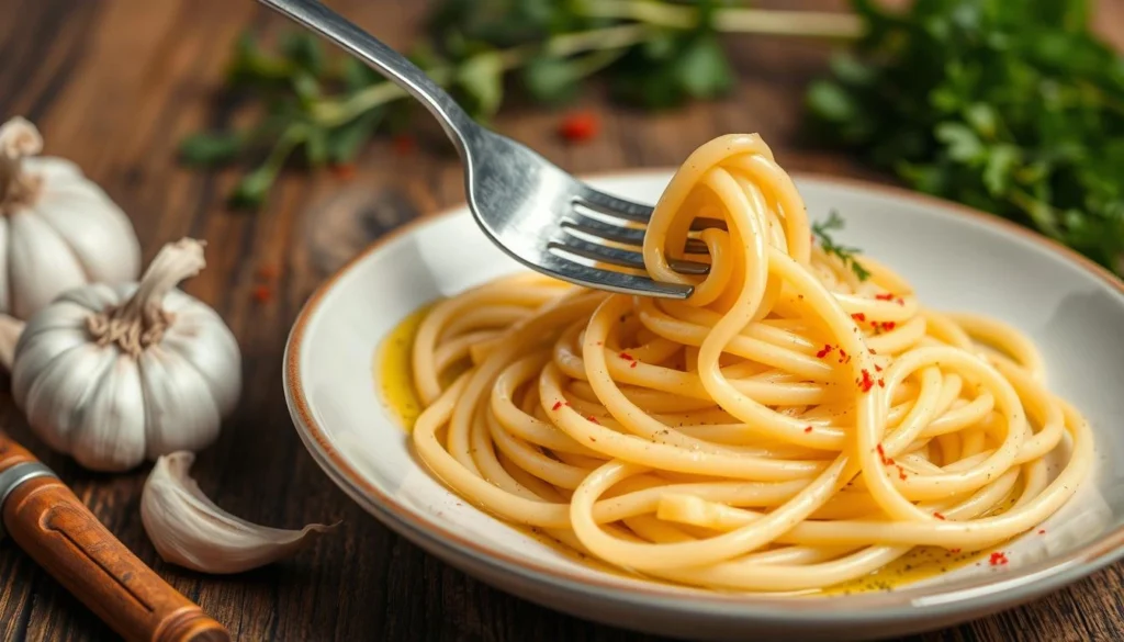 Classic shrimp scampi with pasta, garnished with lemon and parsley.