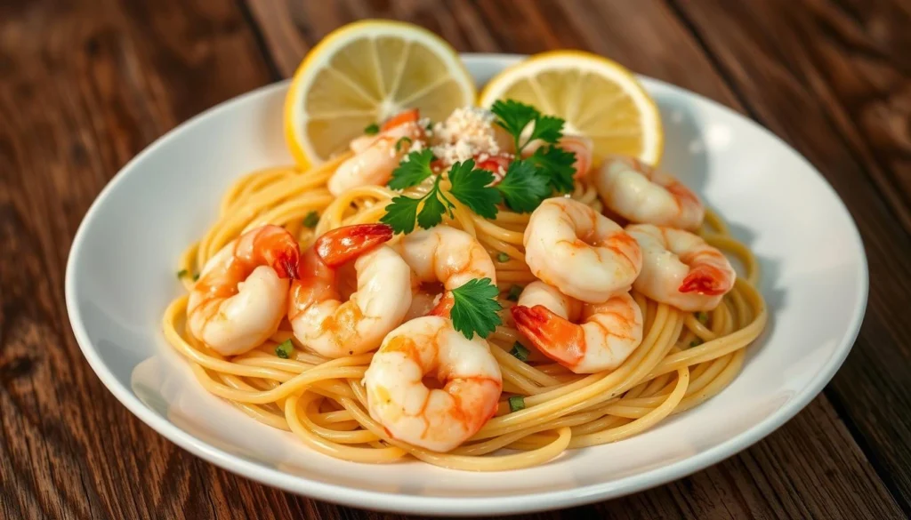 Shrimp scampi in a garlic-butter sauce served with pasta and lemon wedges.