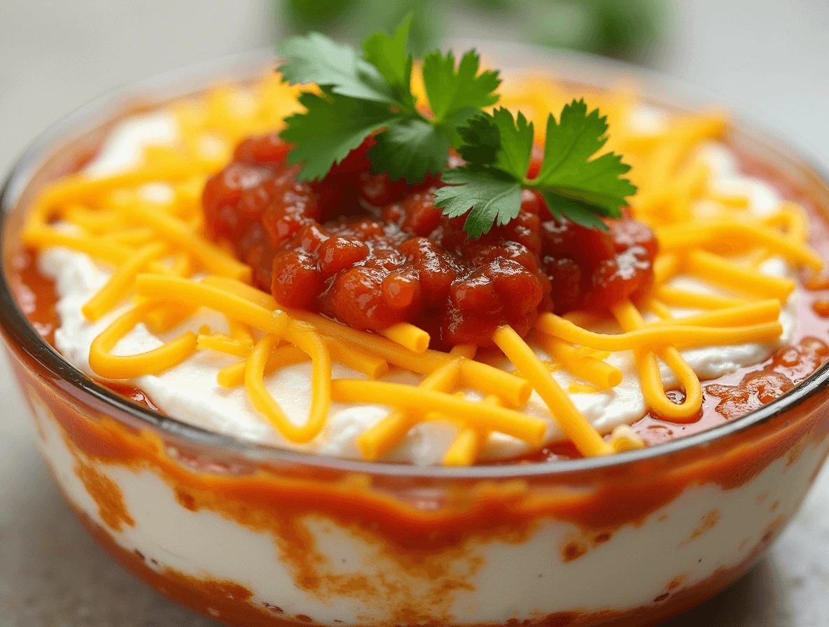 Creamy 3-ingredient taco dip in a clear glass dish, layered with cream cheese, salsa, and shredded cheese, garnished with fresh cilantro leaves