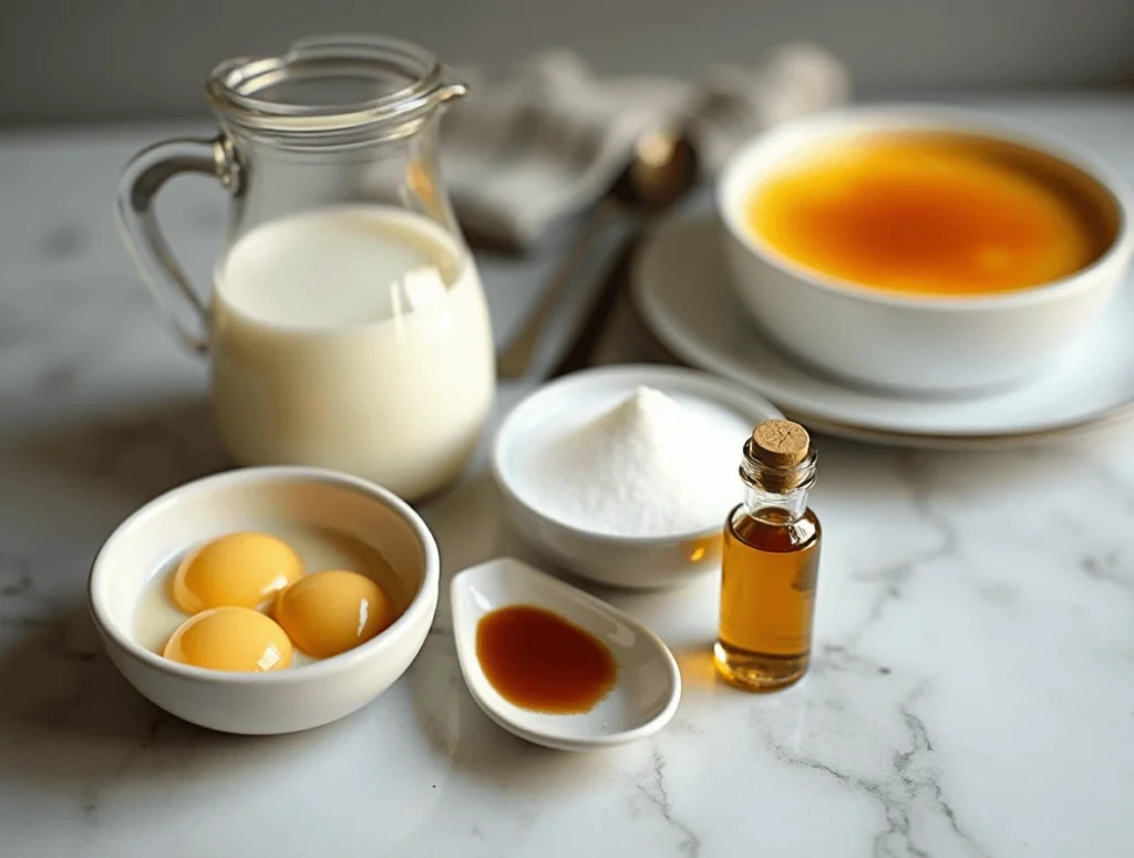 Five essential ingredients for crème brûlée: heavy cream, egg yolks, sugar, vanilla extract, and salt, neatly arranged on a kitchen countertop.