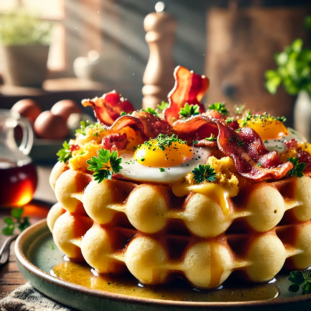 Breakfast bubble waffle with bacon, eggs, and cheese for a savory twist on the classic dessert.