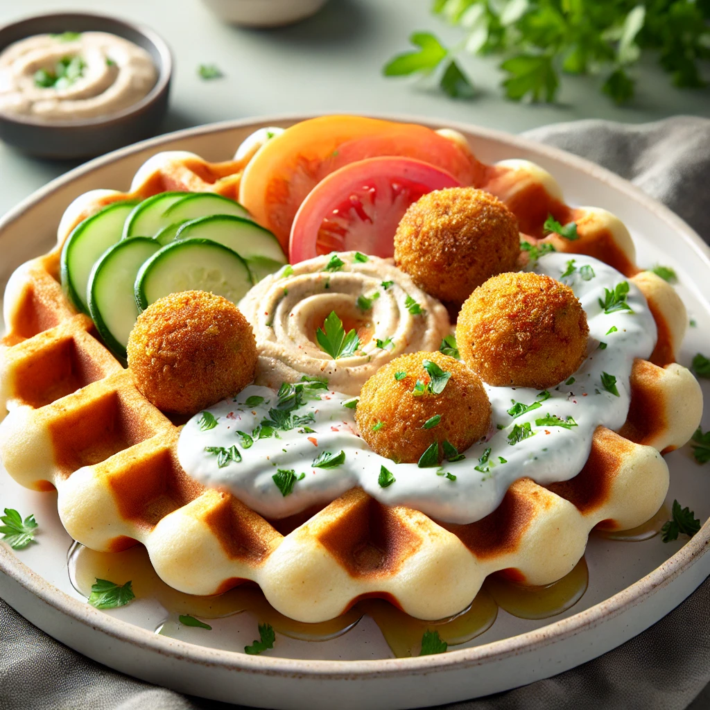 Mediterranean-style bubble waffle topped with hummus, falafel, and a drizzle of tzatziki sauce.