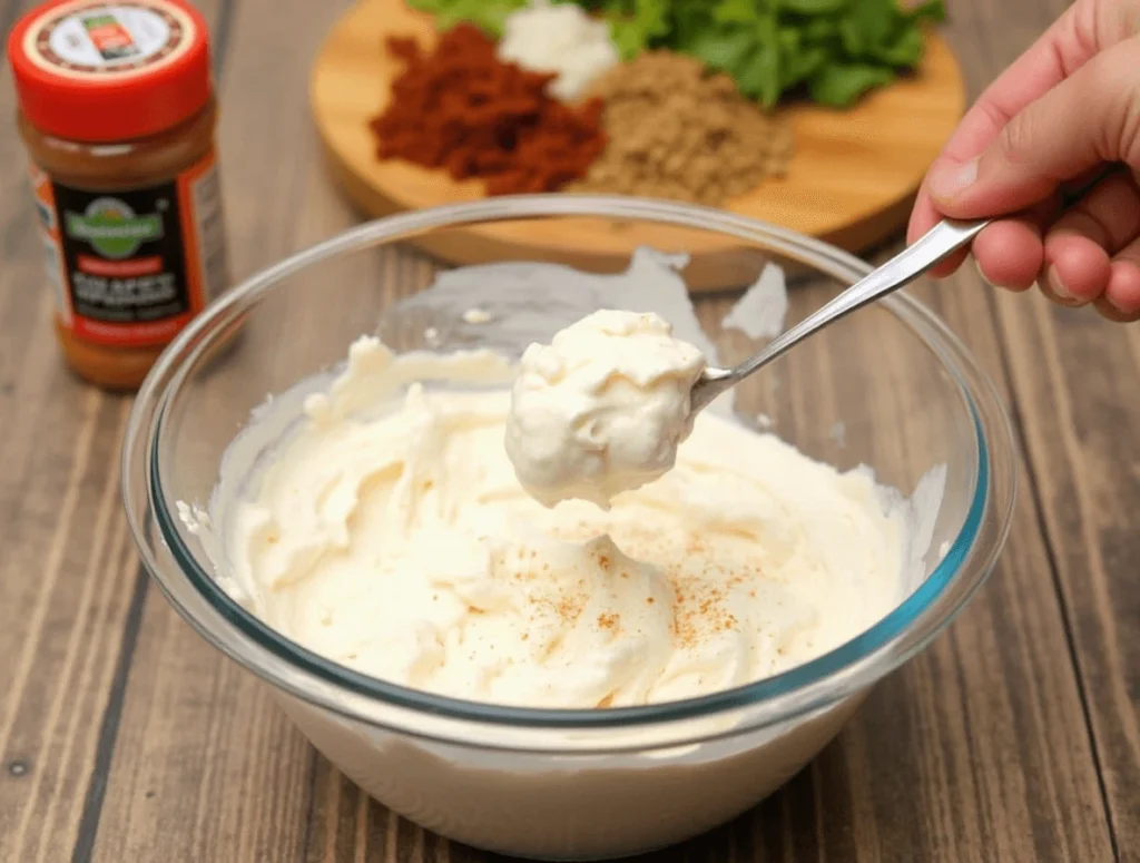 Adding sour cream mixed with taco seasoning on top of refried beans in a layered taco dip.