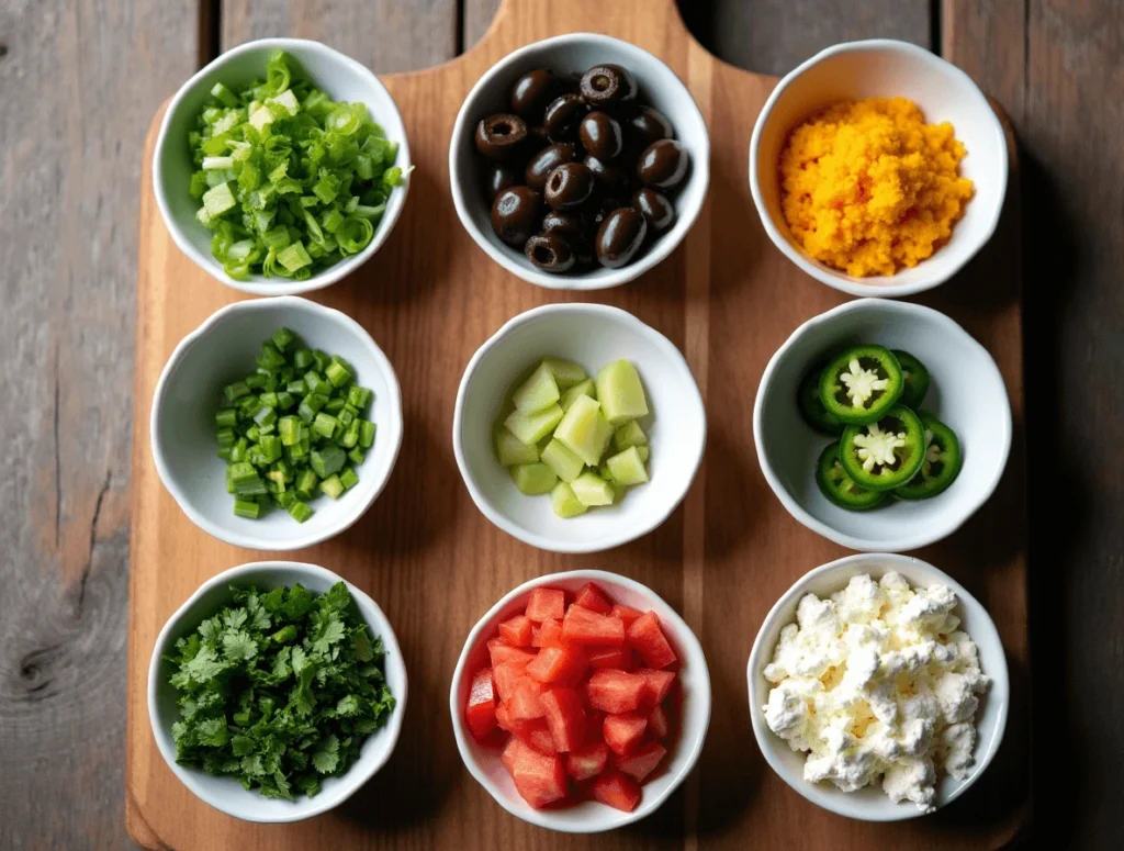 Taco dip topped with colorful garnishes including chopped green onions, sliced jalapeños, and fresh cilantro, creating a vibrant and appetizing appetizer