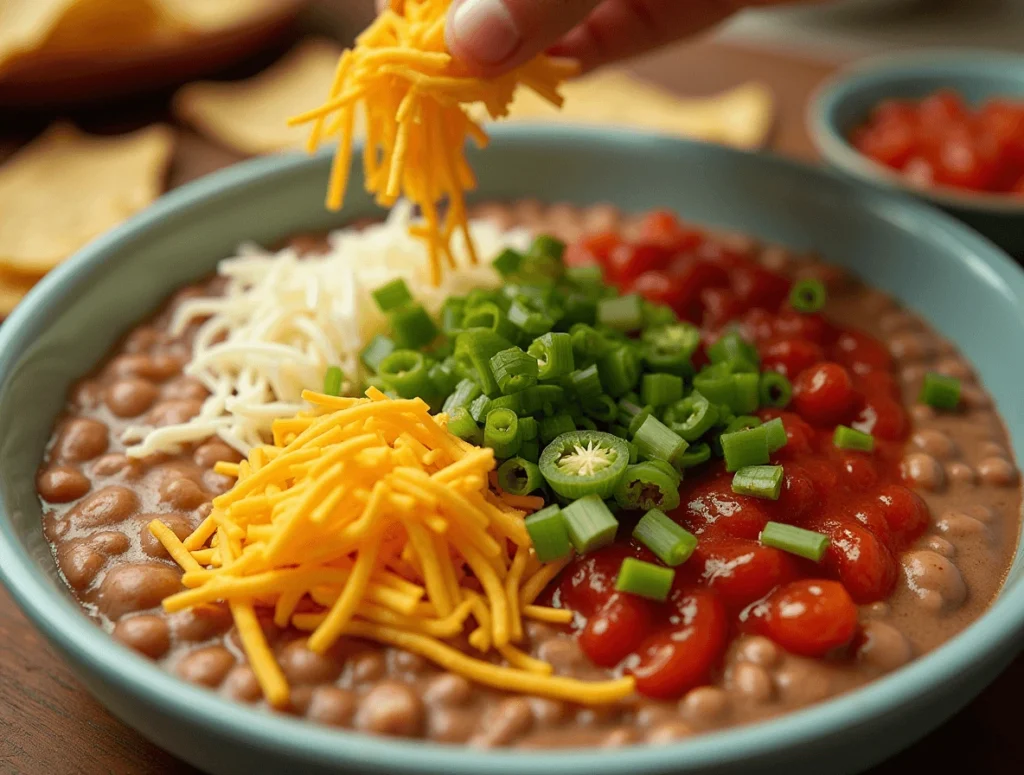 Adding fresh toppings like salsa, green onions, jalapeños, and shredded cheese to a taco dip for a vibrant and flavorful finish.