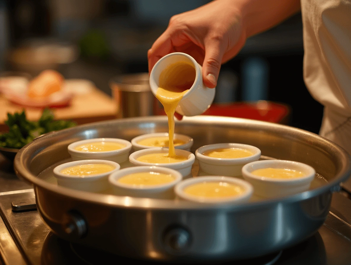 Pouring custard mixture into ramekins and gently baking for Crab Brule.