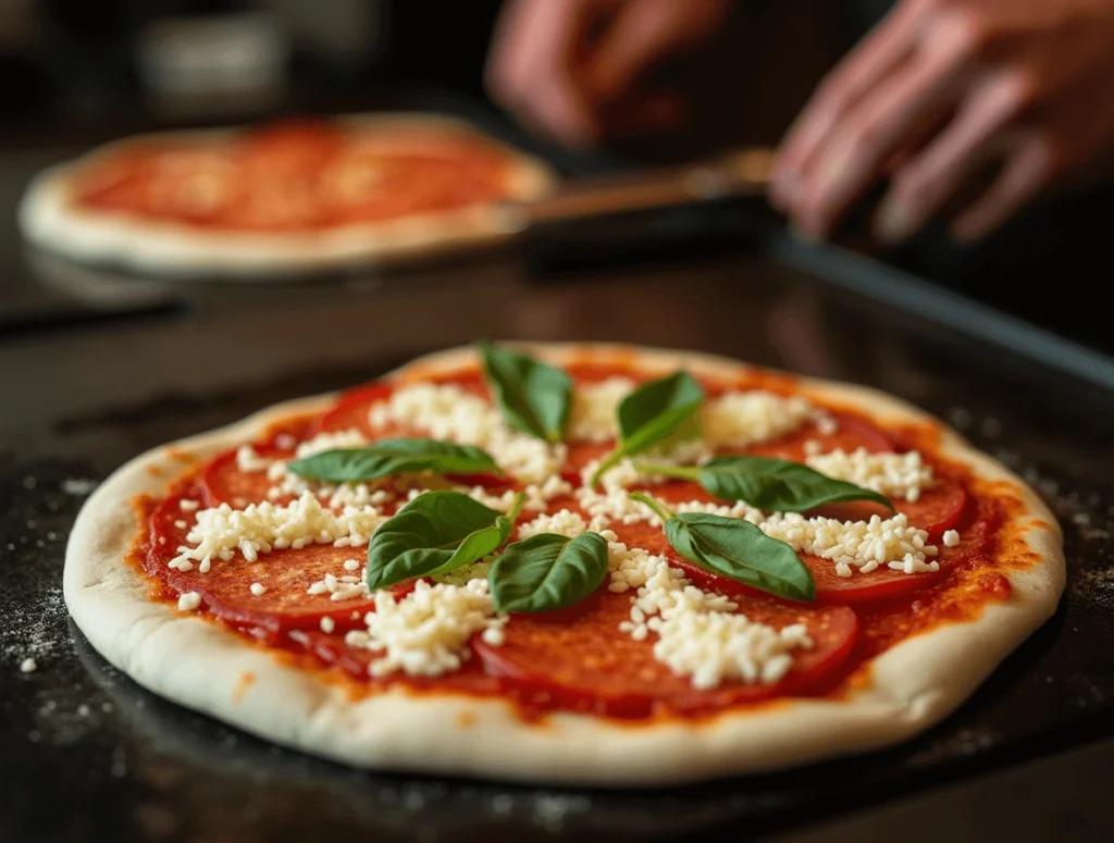 Assembling a Blackstone pizza with dough, sauce, cheese, and toppings.