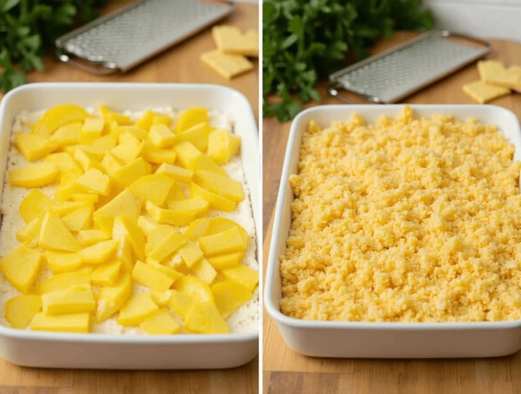 Layering sliced squash and creamy cheese mixture in a casserole dish before baking.