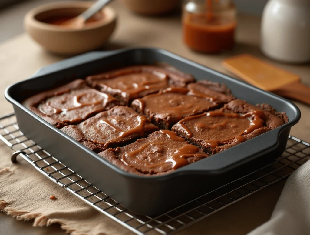 Baking caramel brownies in the oven and allowing them to cool before serving.