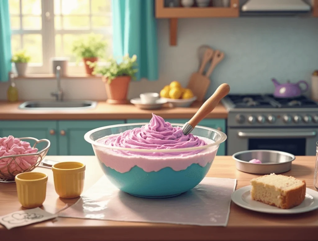 Baking pastel-colored unicorn cake layers in the oven, with cake batter in pans ready to bake.