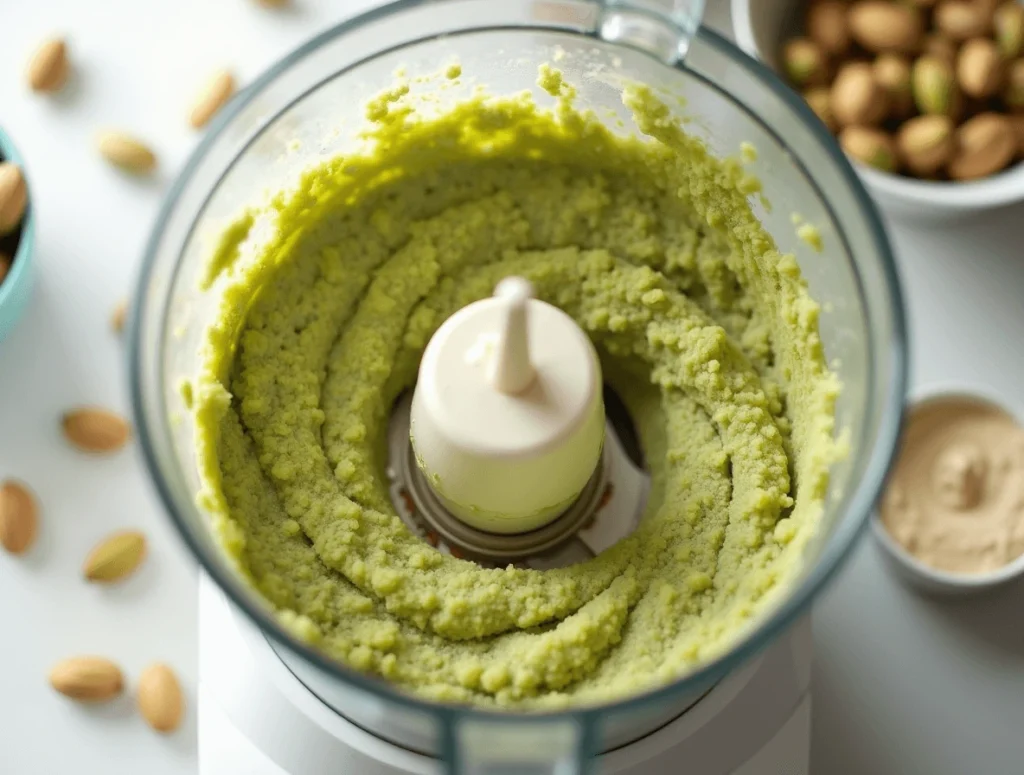 Blending toasted pistachios into a smooth paste for pistachio cream.