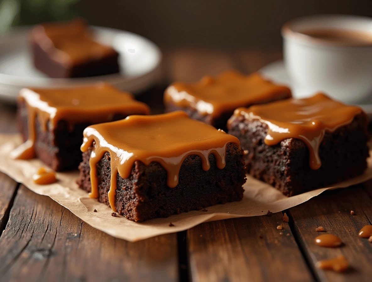 Freshly baked caramel brownies with a gooey center and caramel drizzle