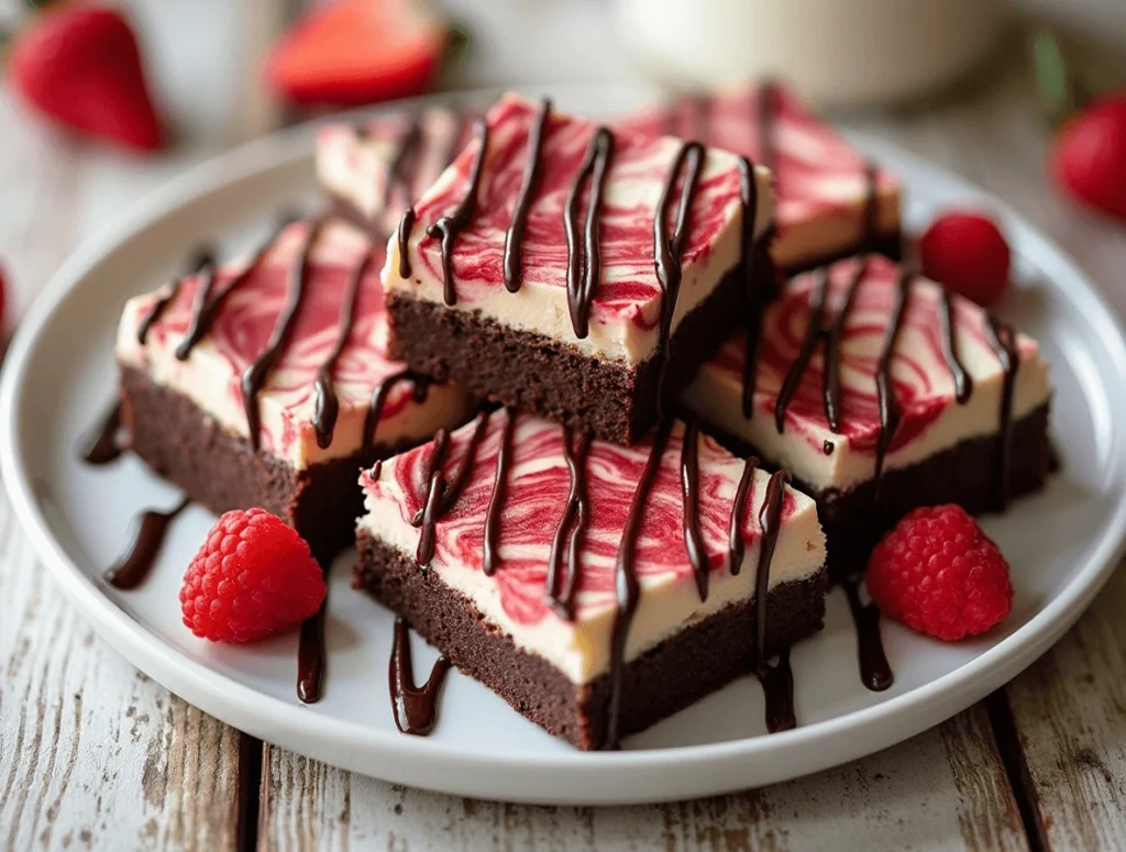 Decadent cheesecake brownies with a rich chocolate base and creamy swirled cheesecake layer, sliced and served on a plate.