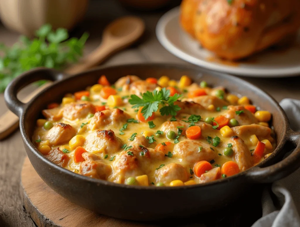 Golden-brown chicken casserole made with rotisserie chicken, cheese, and vegetables in a baking dish.