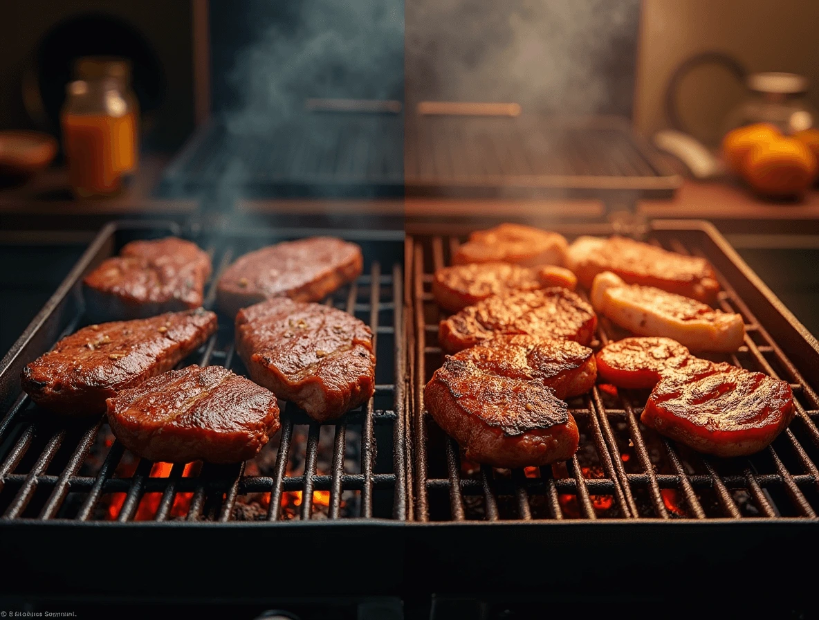 Chicken on a Traeger Grill with smoke rising and wood pellets in the background