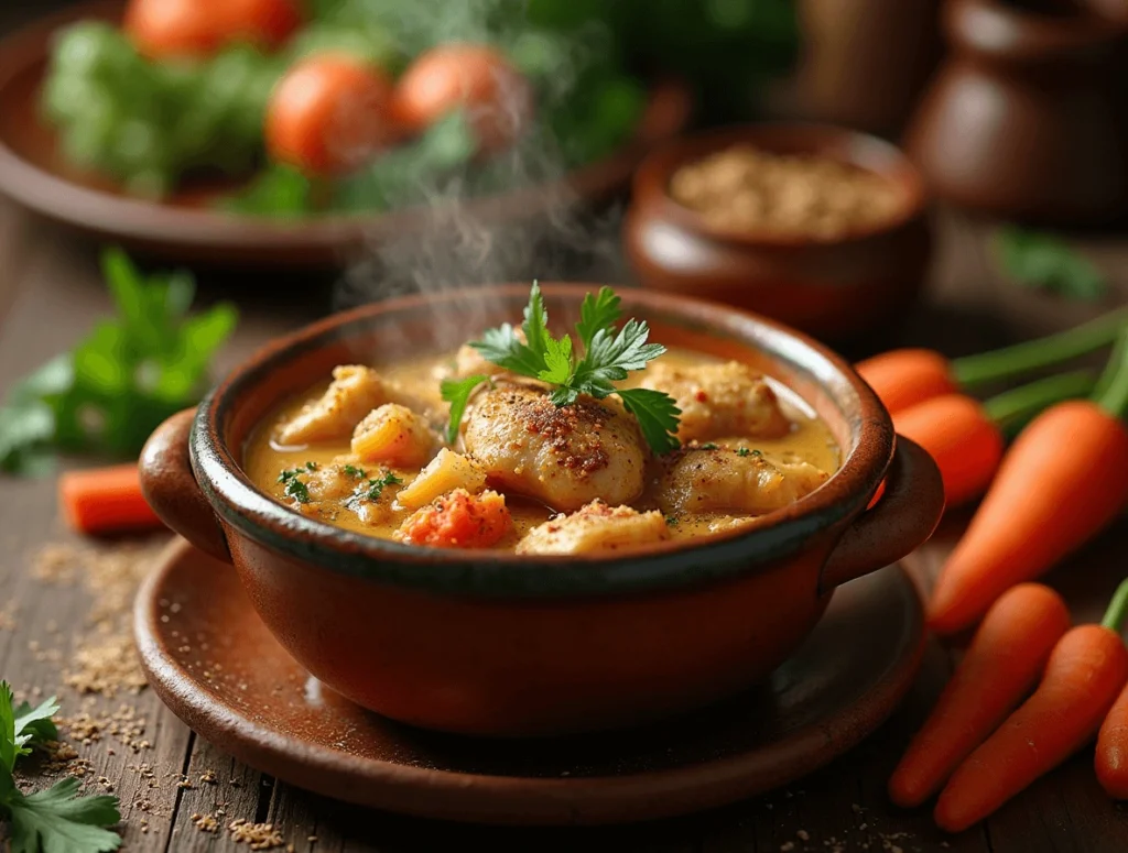 Warm and comforting classic chicken soup with vegetables and tender chicken pieces.