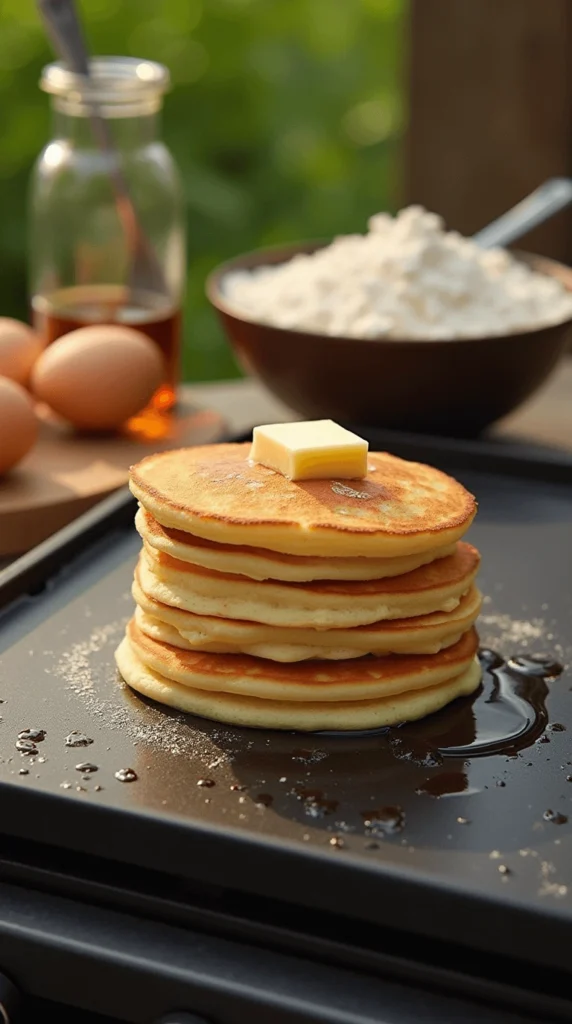 Stack of fluffy classic pancakes with syrup and butter"