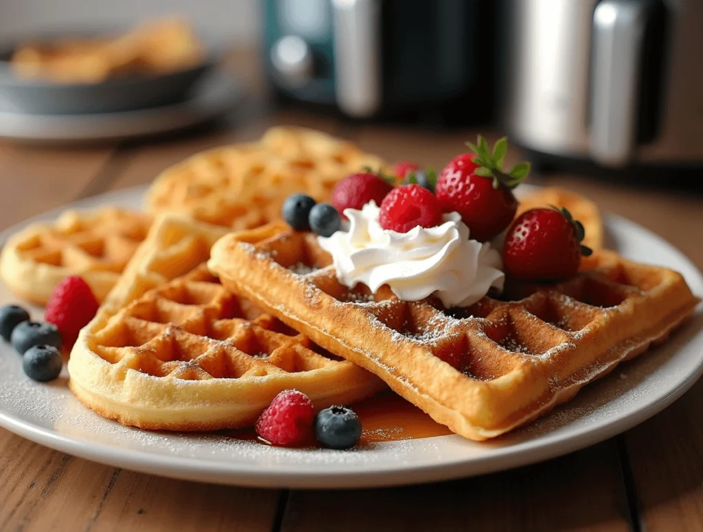 Golden, crispy frozen waffles with a perfect texture, ready to be served.