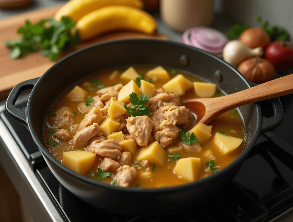 Simmering Caldo de Pollo Colombiano in a pot with chicken, vegetables like yucca, potatoes, and plantains, cooking to perfection.