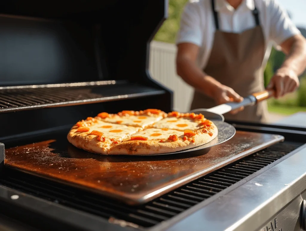 "Flipping a Blackstone pizza on the griddle using a pizza peel for a crispy crust.