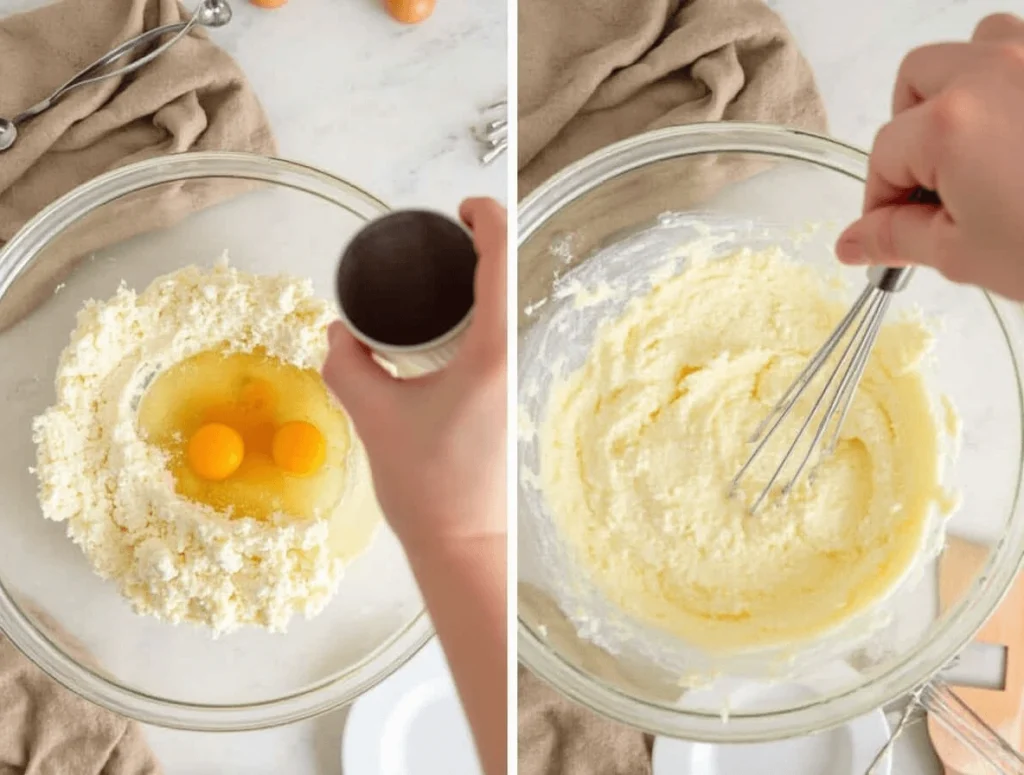 A mixing bowl filled with creamy cheesecake batter, surrounded by ingredients like cream cheese, sugar, eggs, and vanilla extract on a countertop.