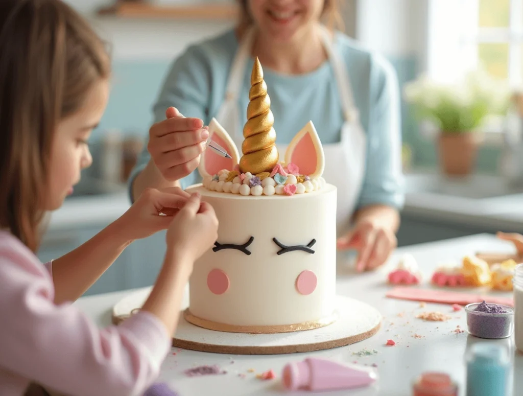 Adding a golden unicorn horn, fondant ears, and buttercream features to decorate the unicorn cake.