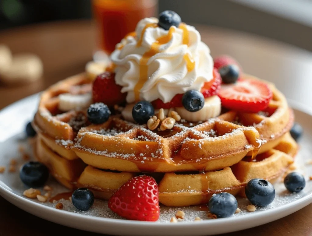 Plate of sweet frozen waffles topped with fresh fruit, whipped cream, and syrup