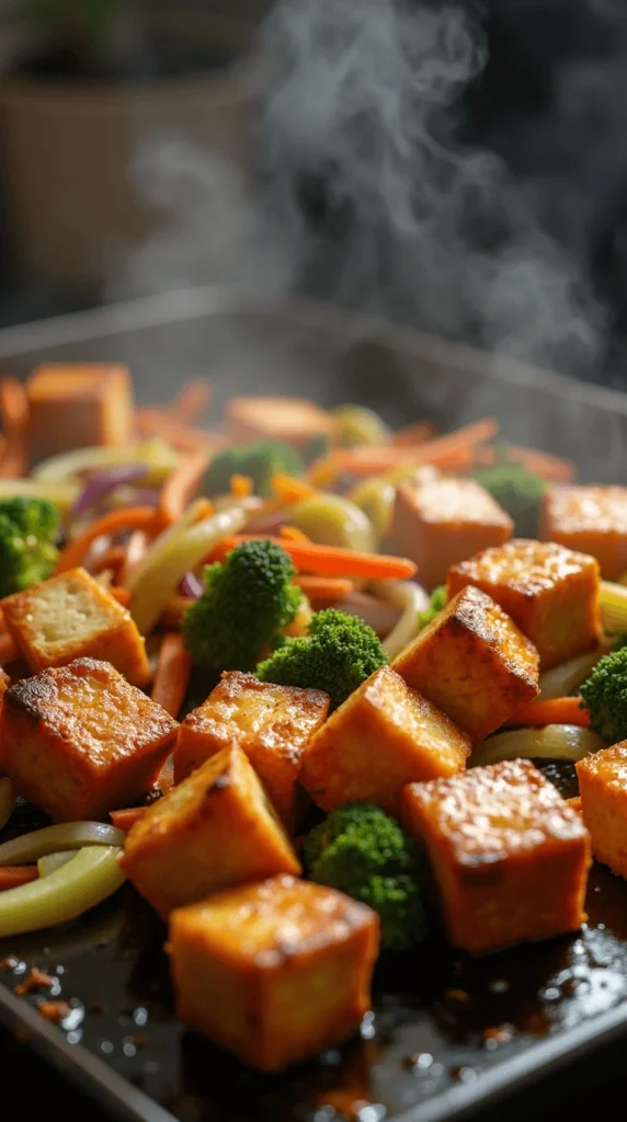 Golden crispy tofu cubes stir-fried with colorful vegetables on a Blackstone griddle.